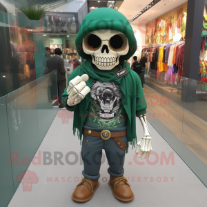 Forest Green Skull mascot costume character dressed with a Henley Tee and Shawl pins