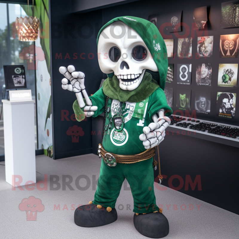 Forest Green Skull mascot costume character dressed with a Henley Tee and Shawl pins