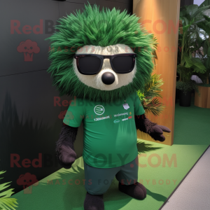 Forest Green Porcupine mascot costume character dressed with a Polo Tee and Sunglasses