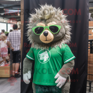 Forest Green Porcupine mascot costume character dressed with a Polo Tee and Sunglasses