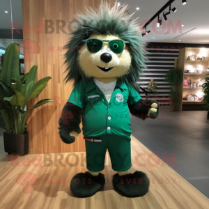 Forest Green Porcupine mascot costume character dressed with a Polo Tee and Sunglasses