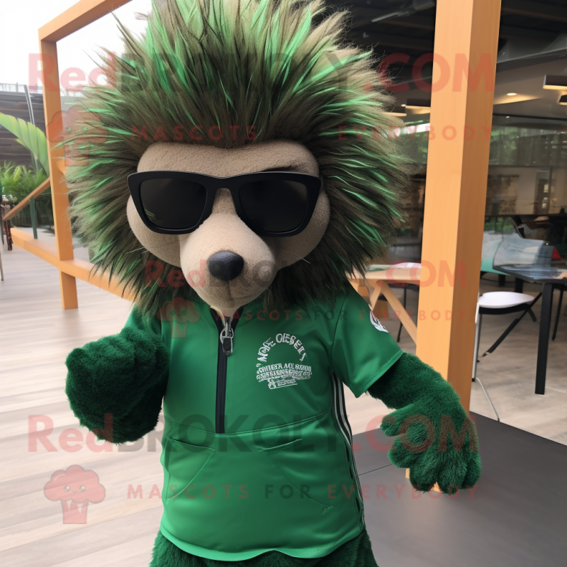 Forest Green Porcupine mascot costume character dressed with a Polo Tee and Sunglasses