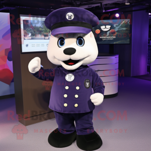 Navy Plum mascot costume character dressed with a Jacket and Keychains