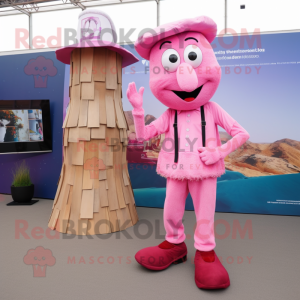 Pink Stilt Walker mascot costume character dressed with a Oxford Shirt and Mittens