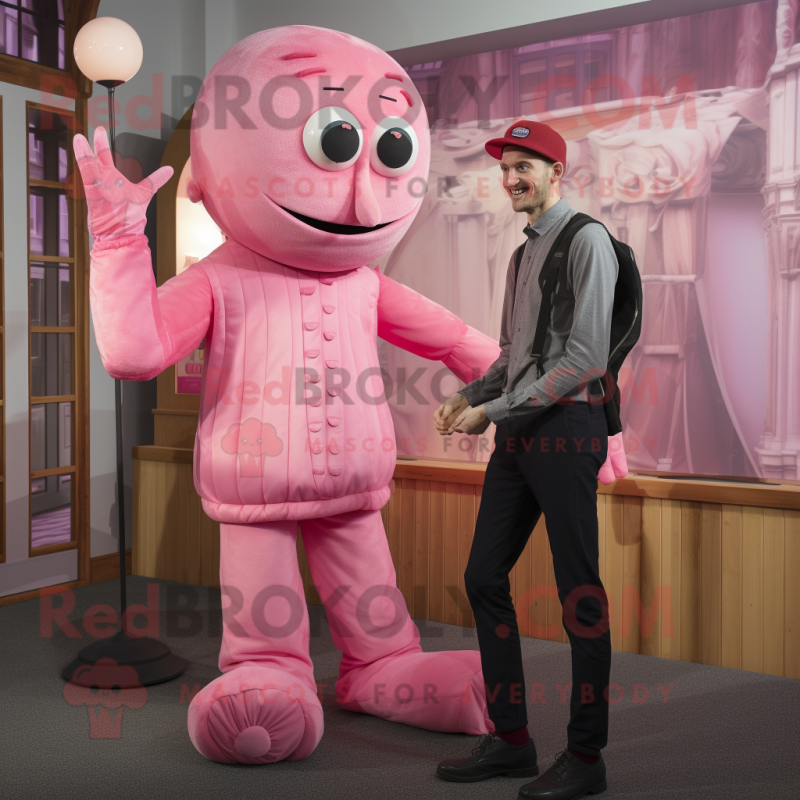 Pink Stilt Walker mascot costume character dressed with a Oxford Shirt and Mittens