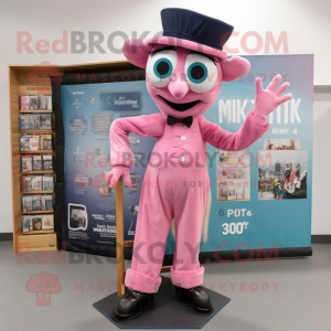 Pink Stilt Walker mascot costume character dressed with a Oxford Shirt and Mittens