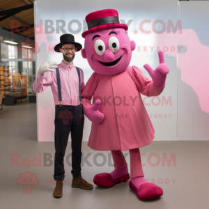 Pink Stilt Walker mascot costume character dressed with a Oxford Shirt and Mittens