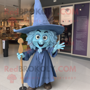 Cyan Witch'S Hat mascot costume character dressed with a Chambray Shirt and Hairpins