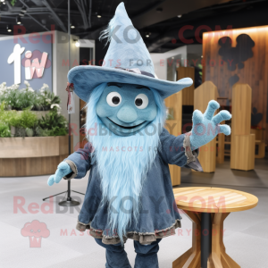 Cyan Witch'S Hat mascot costume character dressed with a Chambray Shirt and Hairpins