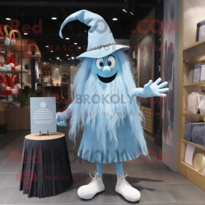 Cyan Witch'S Hat mascot costume character dressed with a Chambray Shirt and Hairpins