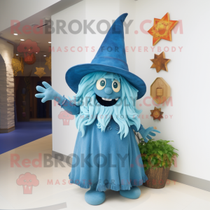 Cyan Witch'S Hat mascot costume character dressed with a Chambray Shirt and Hairpins