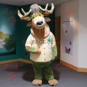 Cream Irish Elk mascot costume character dressed with a Henley Shirt and Headbands