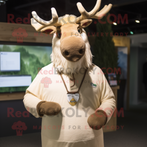 Cream Irish Elk mascot costume character dressed with a Henley Shirt and Headbands