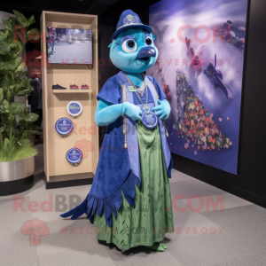 Olive Blue Jay mascot costume character dressed with a Maxi Dress and Coin purses