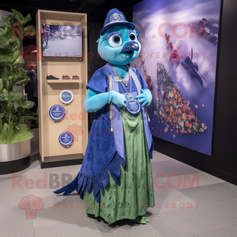 Olive Blue Jay mascot costume character dressed with a Maxi Dress and Coin purses Olive Blue Jay mascot costume character dressed with a Maxi Dress and Coin purses