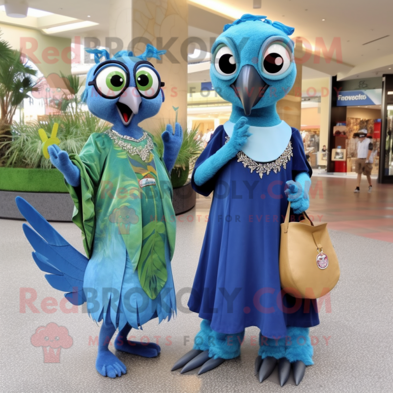 Olive Blue Jay mascot costume character dressed with a Maxi Dress and Coin purses Olive Blue Jay mascot costume character dressed with a Maxi Dress and Coin purses