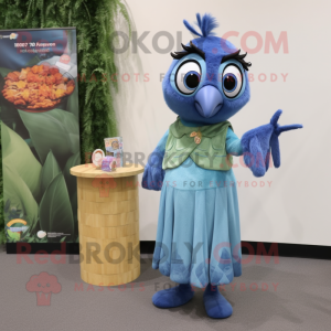 Olive Blue Jay mascot costume character dressed with a Maxi Dress and Coin purses