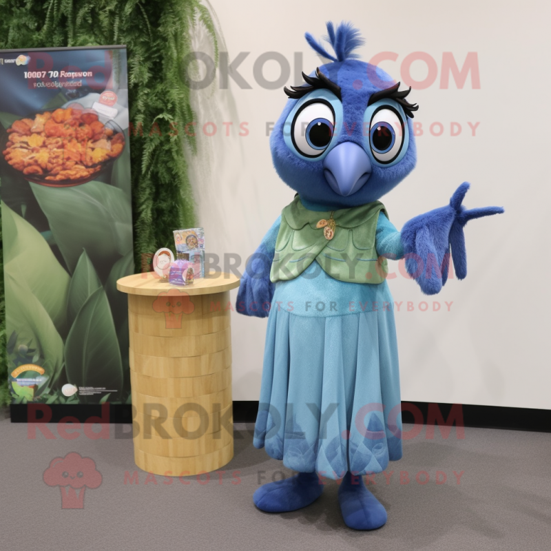 Olive Blue Jay mascot costume character dressed with a Maxi Dress and Coin purses