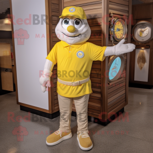 Gold Wrist Watch mascot costume character dressed with a Polo Shirt and Messenger bags