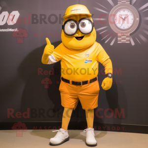 Gold Wrist Watch mascot costume character dressed with a Polo Shirt and Messenger bags