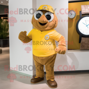 Gold Wrist Watch mascot costume character dressed with a Polo Shirt and Messenger bags