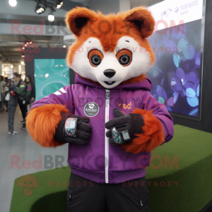 Purple Red Panda mascot costume character dressed with a Sweatshirt and Digital watches