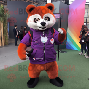 Purple Red Panda mascot costume character dressed with a Sweatshirt and Digital watches
