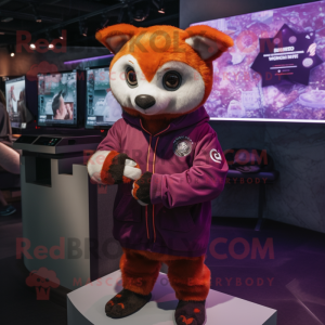 Purple Red Panda mascot costume character dressed with a Sweatshirt and Digital watches