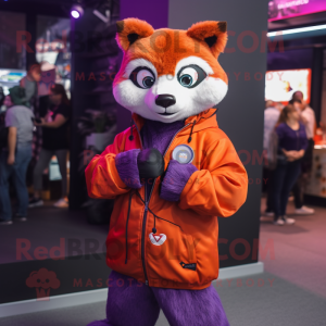 Purple Red Panda mascot costume character dressed with a Sweatshirt and Digital watches