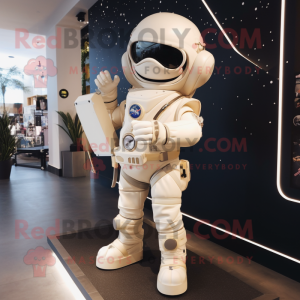 Cream Astronaut mascot costume character dressed with a Flare Jeans and Backpacks