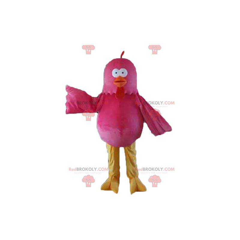 Galinha gigante mascote pássaro rosa vermelha e amarela -