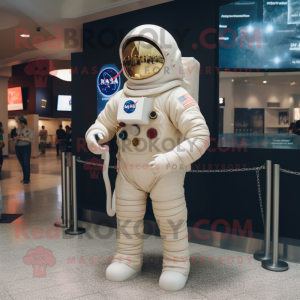 Cream Astronaut mascot costume character dressed with a Flare Jeans and Backpacks