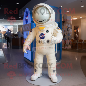 Cream Astronaut mascot costume character dressed with a Flare Jeans and Backpacks