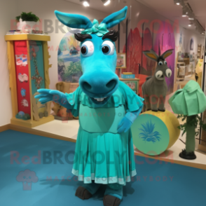 Turquoise Donkey mascot costume character dressed with a Maxi Skirt and Shoe clips