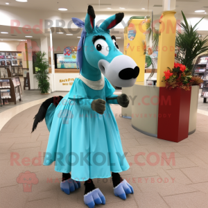 Turquoise Donkey mascot costume character dressed with a Maxi Skirt and Shoe clips