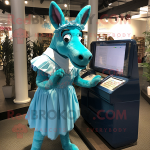 Turquoise Donkey mascot costume character dressed with a Maxi Skirt and Shoe clips