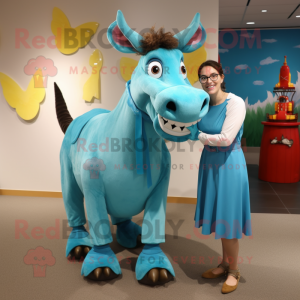 Turquoise Donkey mascot costume character dressed with a Maxi Skirt and Shoe clips