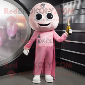 Pink Champagne mascot costume character dressed with a Joggers and Brooches