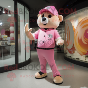 Pink Champagne mascot costume character dressed with a Joggers and Brooches