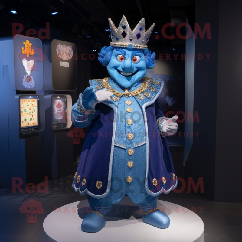 Blue King mascot costume character dressed with a Waistcoat and Coin purses Blue King mascot costume character dressed with a Waistcoat and Coin purses