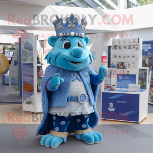 Blue King mascot costume character dressed with a Waistcoat and Coin purses