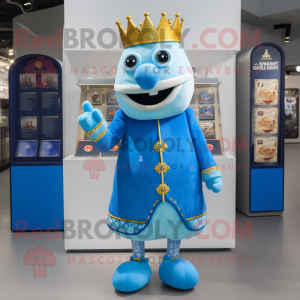 Blue King mascot costume character dressed with a Waistcoat and Coin purses