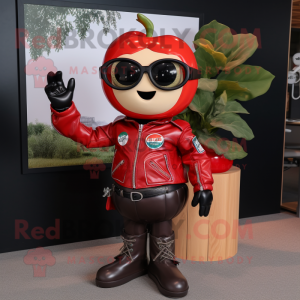 Red Apple mascot costume character dressed with a Moto Jacket and Reading glasses