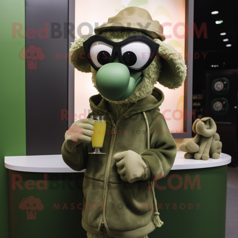 Olive Ram mascot costume character dressed with a Turtleneck and Sunglasses Olive Ram mascot costume character dressed with a Turtleneck and Sunglasses