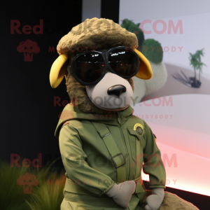 Olive Ram mascot costume character dressed with a Turtleneck and Sunglasses