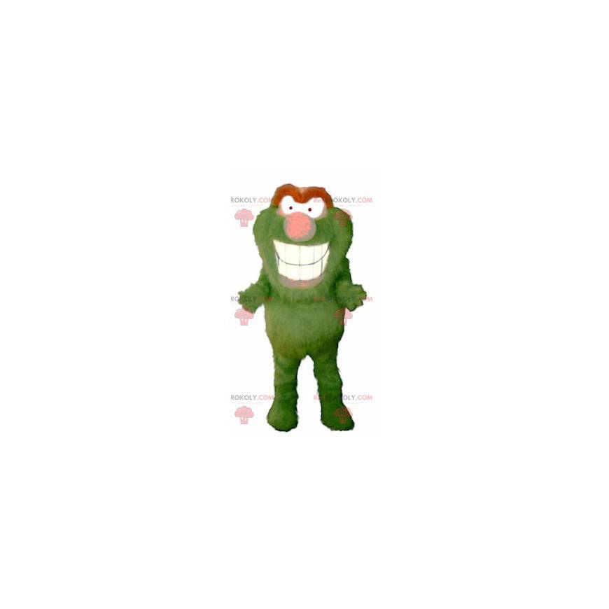 Mascote monstro todo peludo verde e laranja - Redbrokoly.com