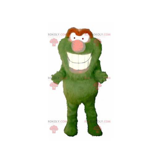 Mascote monstro todo peludo verde e laranja - Redbrokoly.com