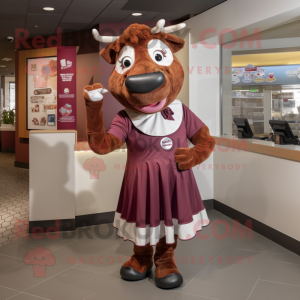 Maroon Guernsey Cow mascot costume character dressed with a Circle Skirt and Mittens