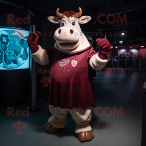 Maroon Guernsey Cow mascot costume character dressed with a Circle Skirt and Mittens