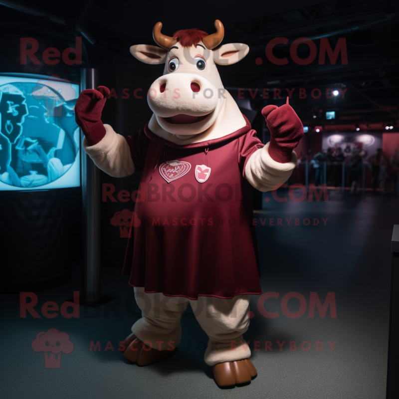 Maroon Guernsey Cow mascot costume character dressed with a Circle Skirt and Mittens Maroon Guernsey Cow mascot costume character dressed with a Circle Skirt and Mittens